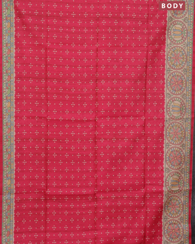 Semi tussar saree pink and cream with allover bandhani buttas and madhubani printed pallu