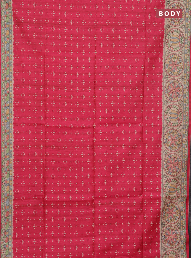 Semi tussar saree pink and cream with allover bandhani buttas and madhubani printed pallu