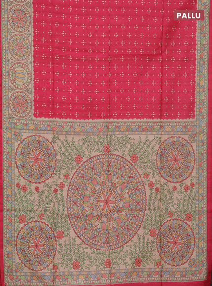 Semi tussar saree pink and cream with allover bandhani buttas and madhubani printed pallu