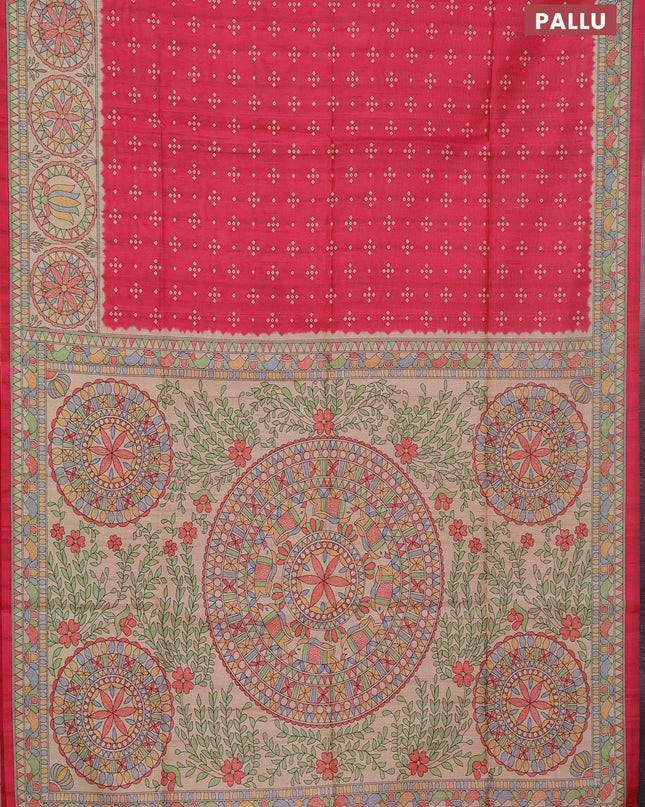 Semi tussar saree pink and cream with allover bandhani buttas and madhubani printed pallu