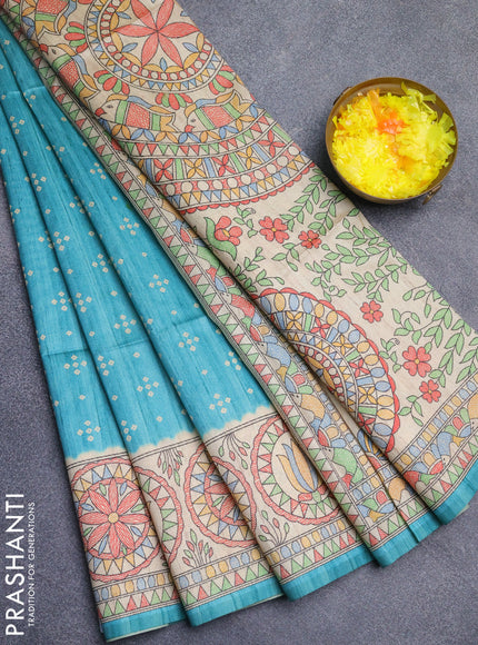 Semi tussar saree teal blue and cream with allover bandhani buttas and madhubani printed pallu
