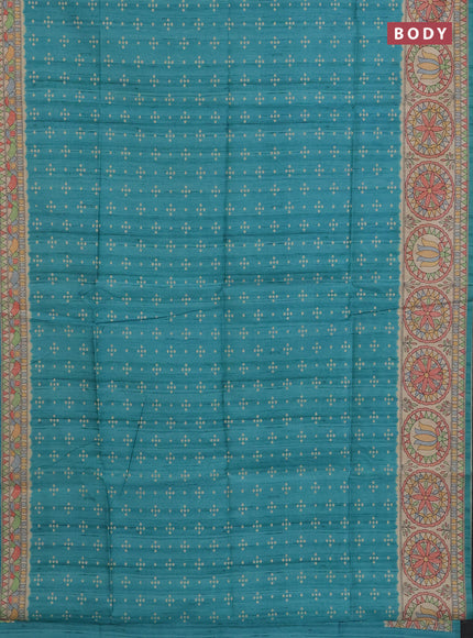 Semi tussar saree teal blue and cream with allover bandhani buttas and madhubani printed pallu