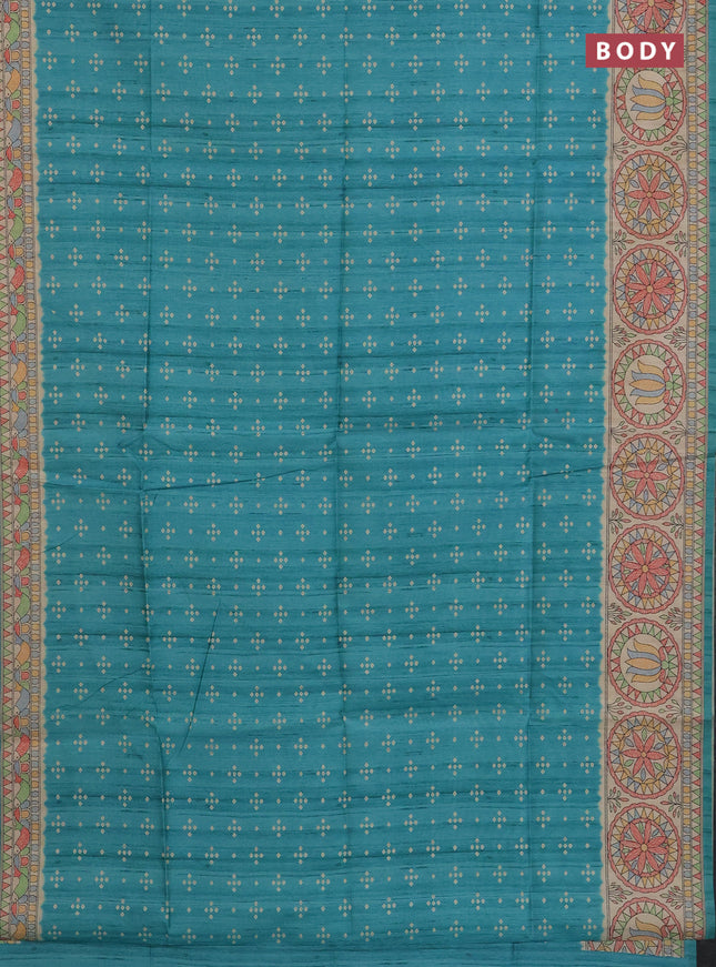Semi tussar saree teal blue and cream with allover bandhani buttas and madhubani printed pallu