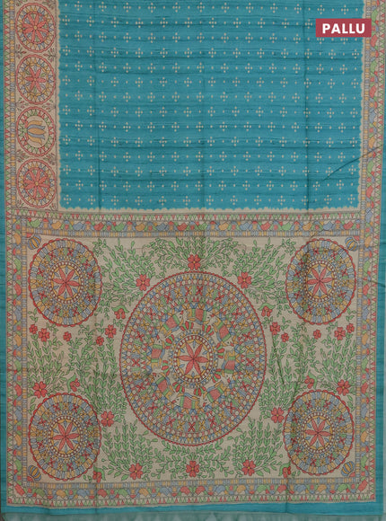 Semi tussar saree teal blue and cream with allover bandhani buttas and madhubani printed pallu