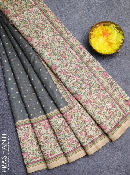 Semi tussar saree grey and sandal with allover bandhani buttas and madhubani printed pallu