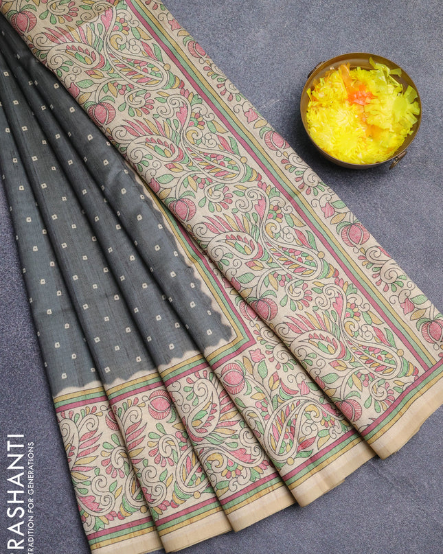 Semi tussar saree grey and sandal with allover bandhani buttas and madhubani printed pallu