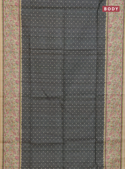 Semi tussar saree grey and sandal with allover bandhani buttas and madhubani printed pallu