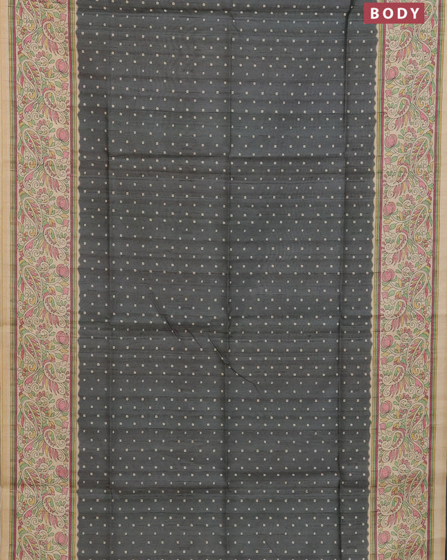 Semi tussar saree grey and sandal with allover bandhani buttas and madhubani printed pallu