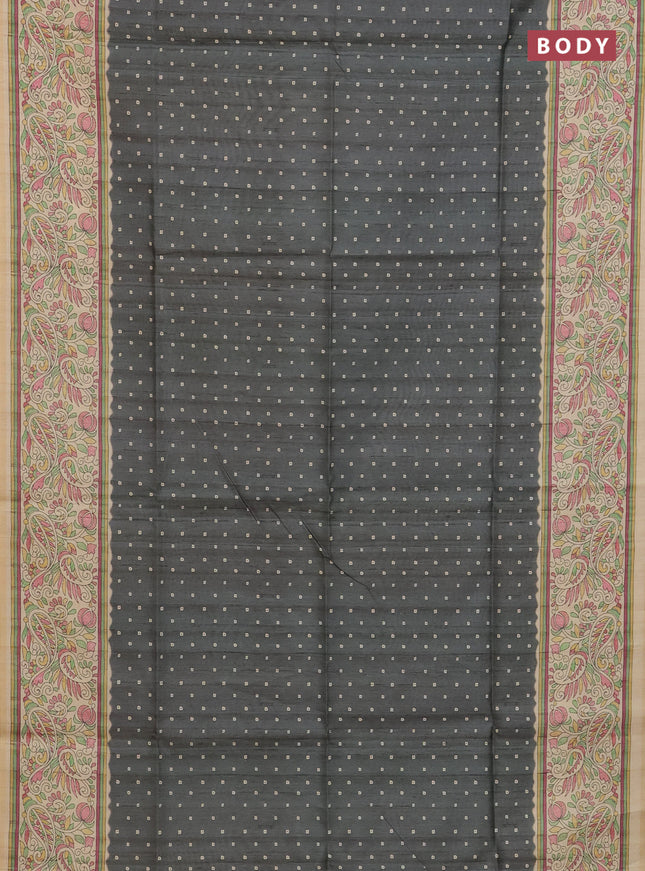 Semi tussar saree grey and sandal with allover bandhani buttas and madhubani printed pallu