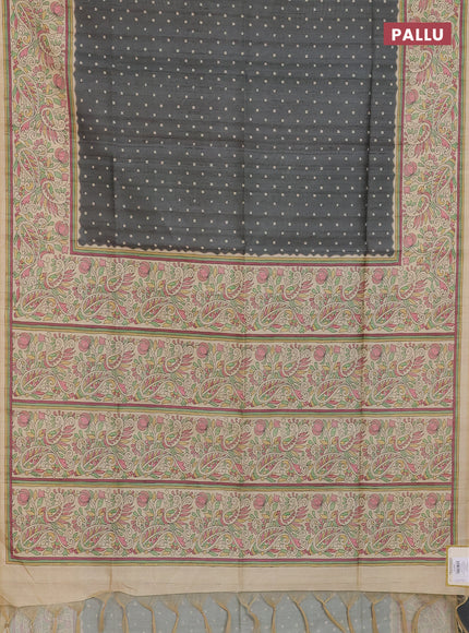 Semi tussar saree grey and sandal with allover bandhani buttas and madhubani printed pallu