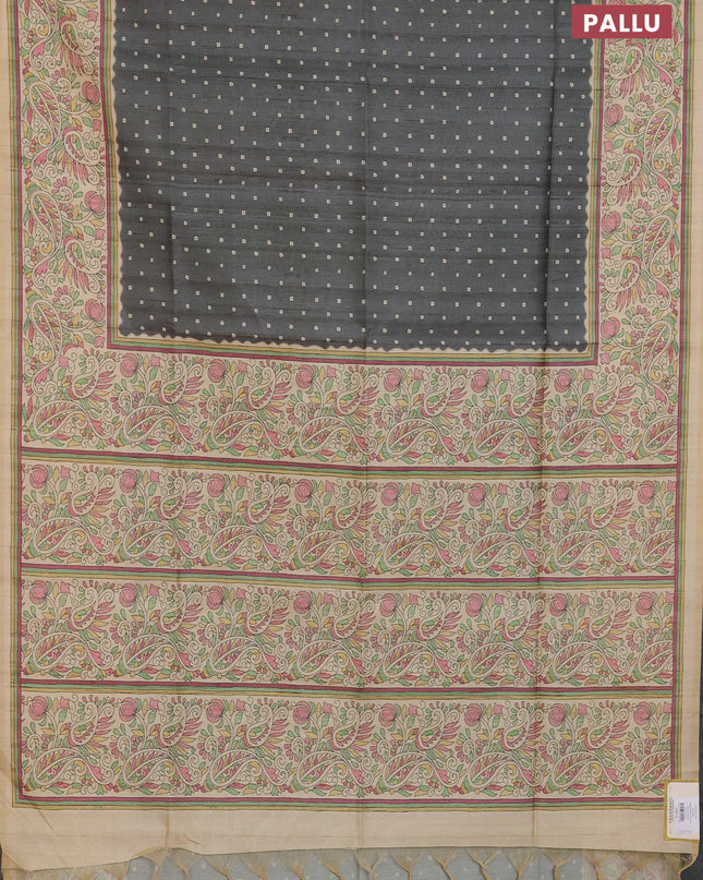 Semi tussar saree grey and sandal with allover bandhani buttas and madhubani printed pallu