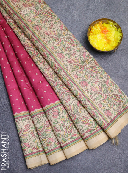 Semi tussar saree pink and sandal with allover bandhani buttas and madhubani printed pallu