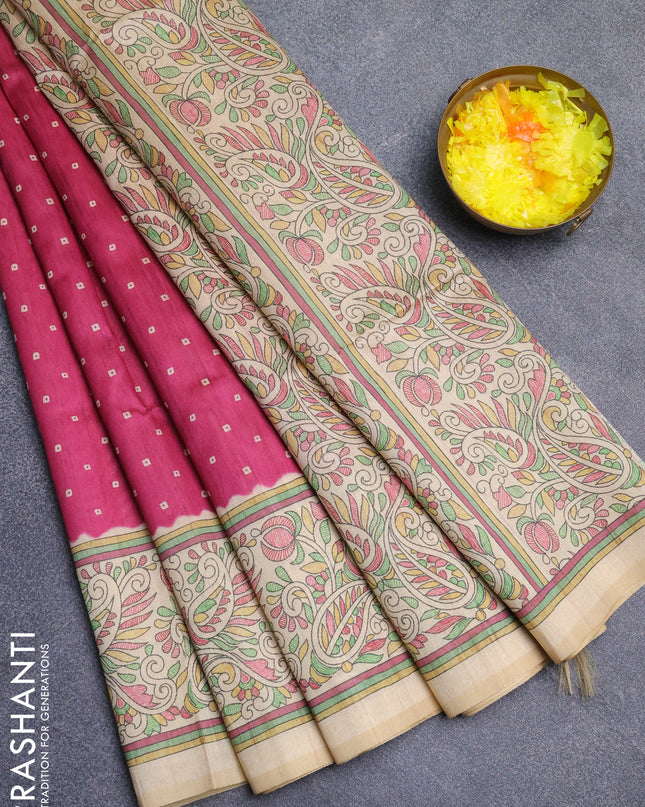 Semi tussar saree pink and sandal with allover bandhani buttas and madhubani printed pallu