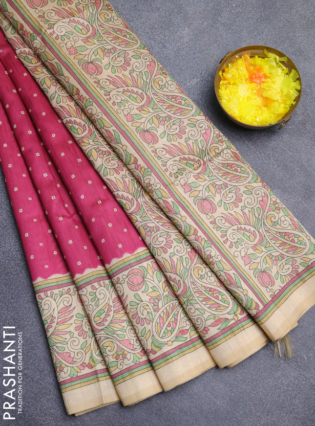 Semi tussar saree pink and sandal with allover bandhani buttas and madhubani printed pallu