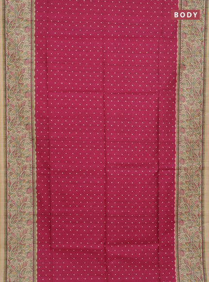 Semi tussar saree pink and sandal with allover bandhani buttas and madhubani printed pallu
