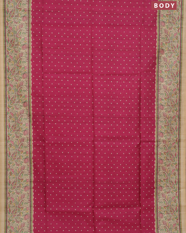 Semi tussar saree pink and sandal with allover bandhani buttas and madhubani printed pallu