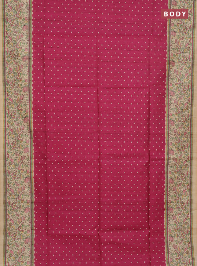 Semi tussar saree pink and sandal with allover bandhani buttas and madhubani printed pallu