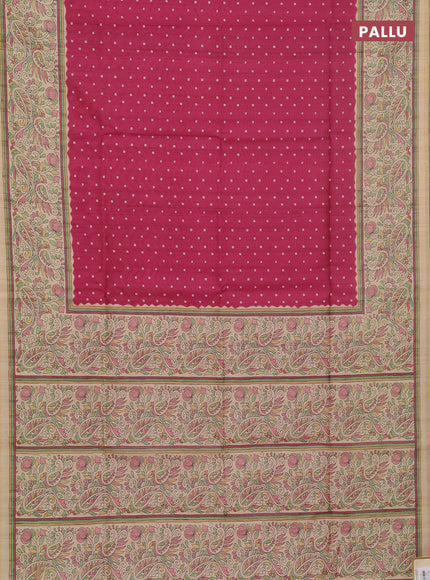 Semi tussar saree pink and sandal with allover bandhani buttas and madhubani printed pallu