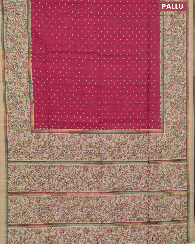 Semi tussar saree pink and sandal with allover bandhani buttas and madhubani printed pallu