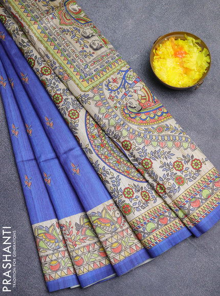 Semi tussar saree blue and beige with butta prints and madhubani printed pallu