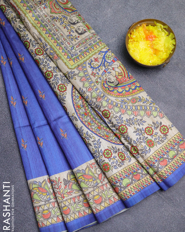 Semi tussar saree blue and beige with butta prints and madhubani printed pallu