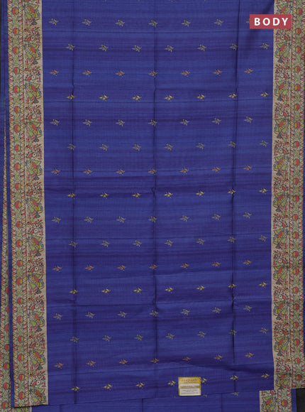 Semi tussar saree blue and beige with butta prints and madhubani printed pallu