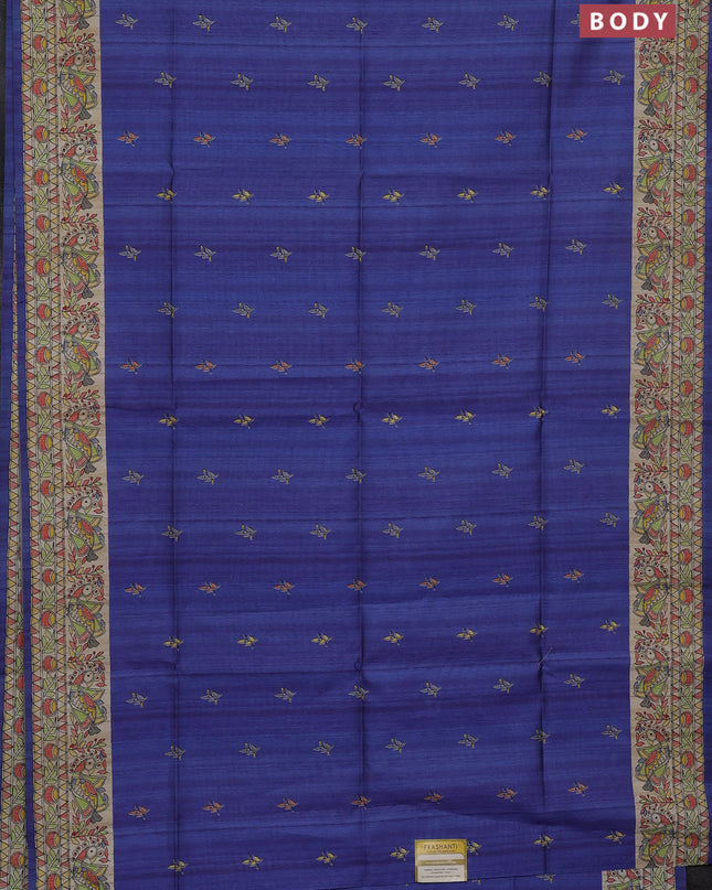 Semi tussar saree blue and beige with butta prints and madhubani printed pallu