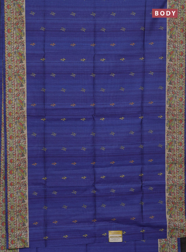Semi tussar saree blue and beige with butta prints and madhubani printed pallu