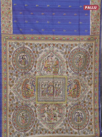 Semi tussar saree blue and beige with butta prints and madhubani printed pallu