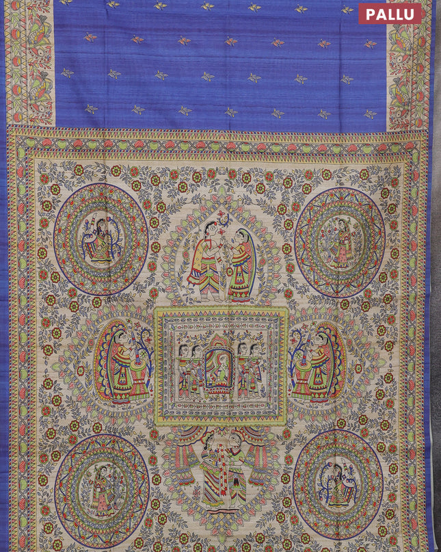 Semi tussar saree blue and beige with butta prints and madhubani printed pallu