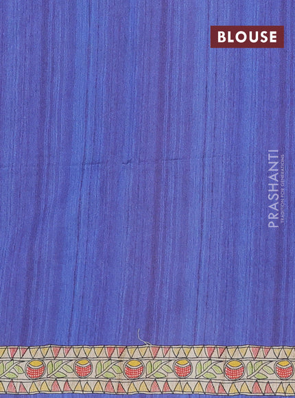 Semi tussar saree blue and beige with butta prints and madhubani printed pallu