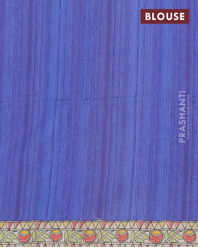 Semi tussar saree blue and beige with butta prints and madhubani printed pallu