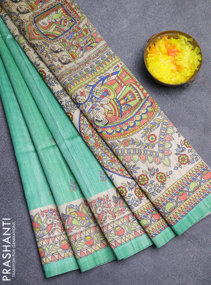 Semi tussar saree teal green and beige with butta prints and madhubani printed pallu