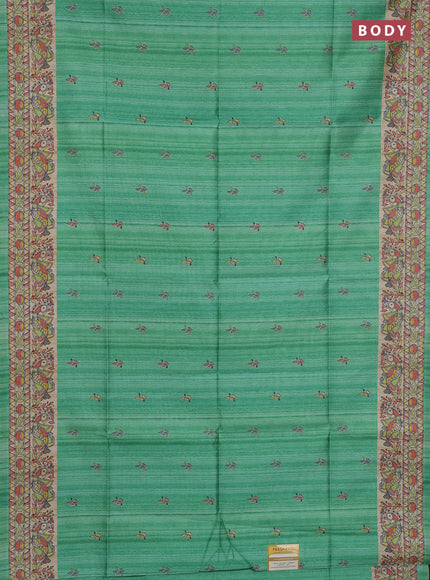 Semi tussar saree teal green and beige with butta prints and madhubani printed pallu
