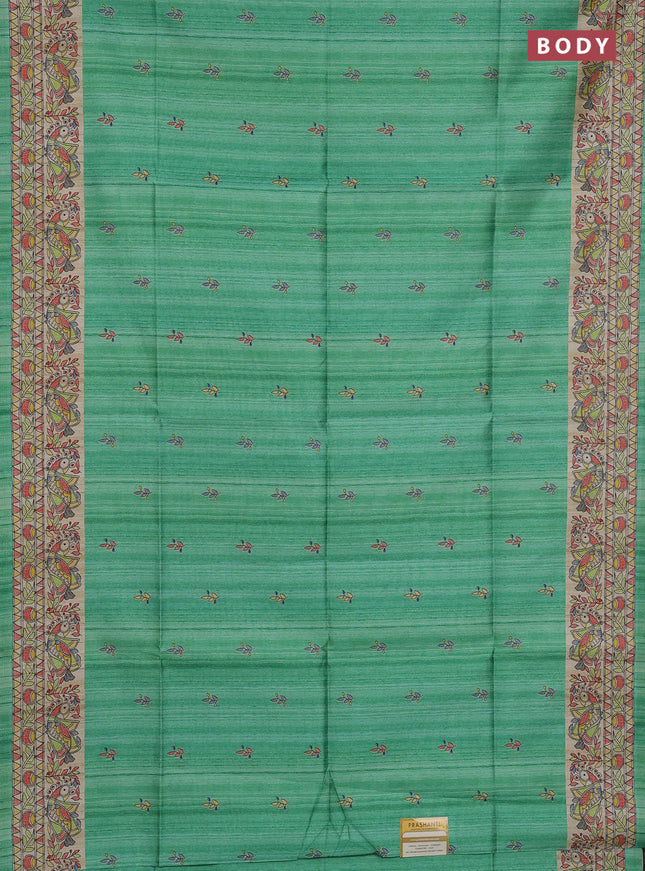 Semi tussar saree teal green and beige with butta prints and madhubani printed pallu