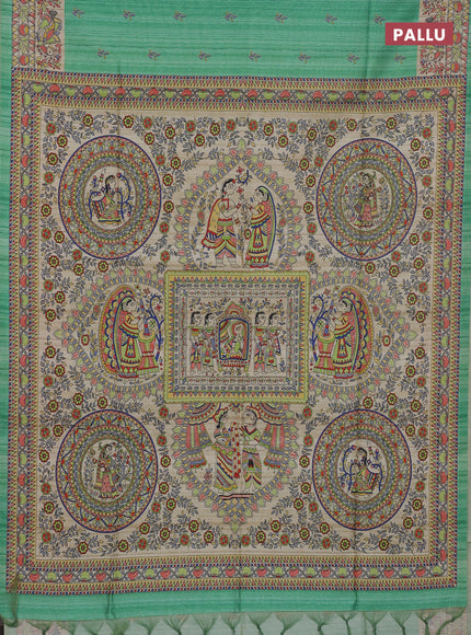 Semi tussar saree teal green and beige with butta prints and madhubani printed pallu
