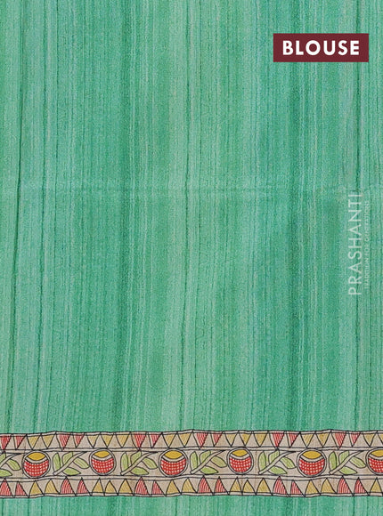Semi tussar saree teal green and beige with butta prints and madhubani printed pallu