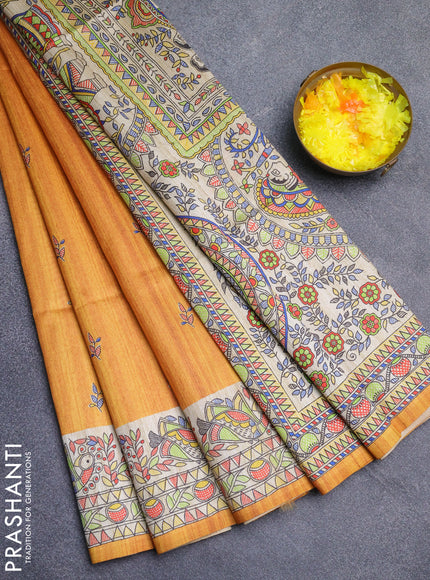Semi tussar saree mustard yellow and beige with butta prints and madhubani printed pallu