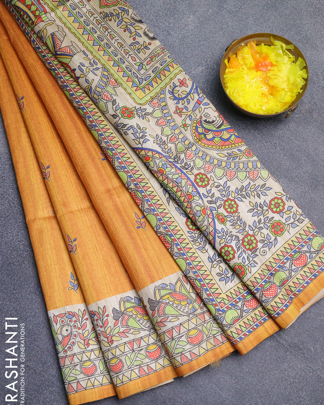 Semi tussar saree mustard yellow and beige with butta prints and madhubani printed pallu