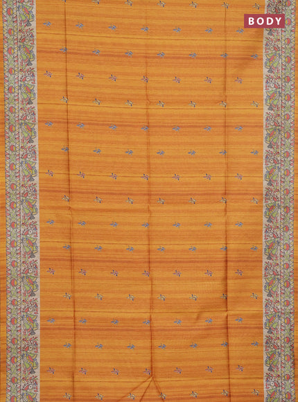 Semi tussar saree mustard yellow and beige with butta prints and madhubani printed pallu
