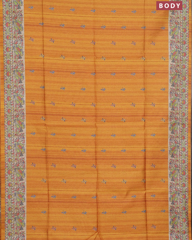 Semi tussar saree mustard yellow and beige with butta prints and madhubani printed pallu