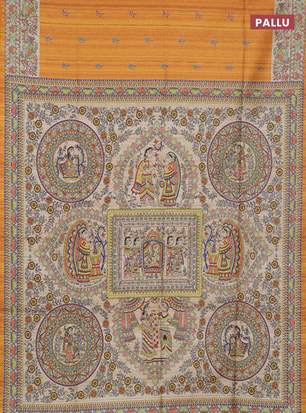 Semi tussar saree mustard yellow and beige with butta prints and madhubani printed pallu