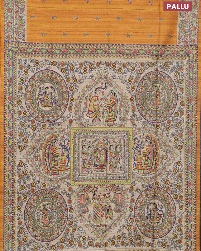 Semi tussar saree mustard yellow and beige with butta prints and madhubani printed pallu