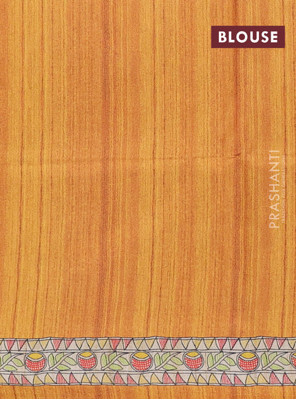 Semi tussar saree mustard yellow and beige with butta prints and madhubani printed pallu