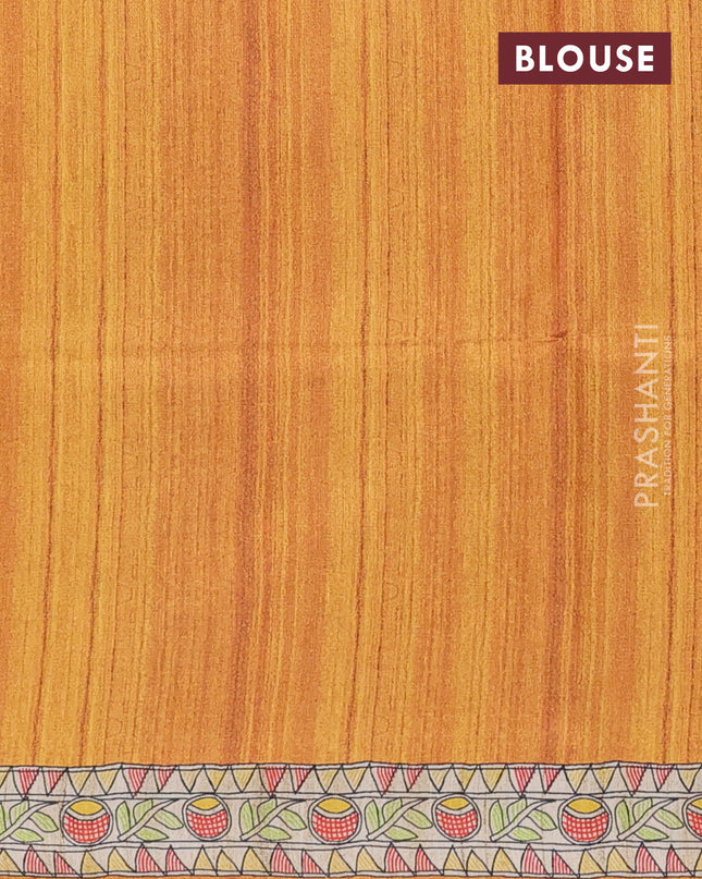 Semi tussar saree mustard yellow and beige with butta prints and madhubani printed pallu