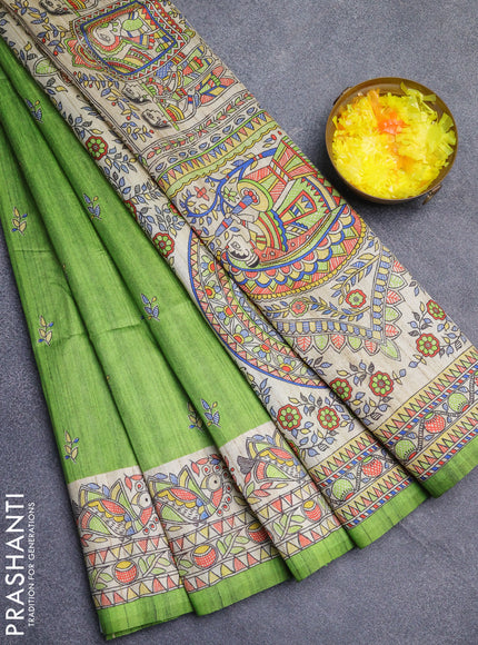 Semi tussar saree light green and beige with butta prints and madhubani printed pallu