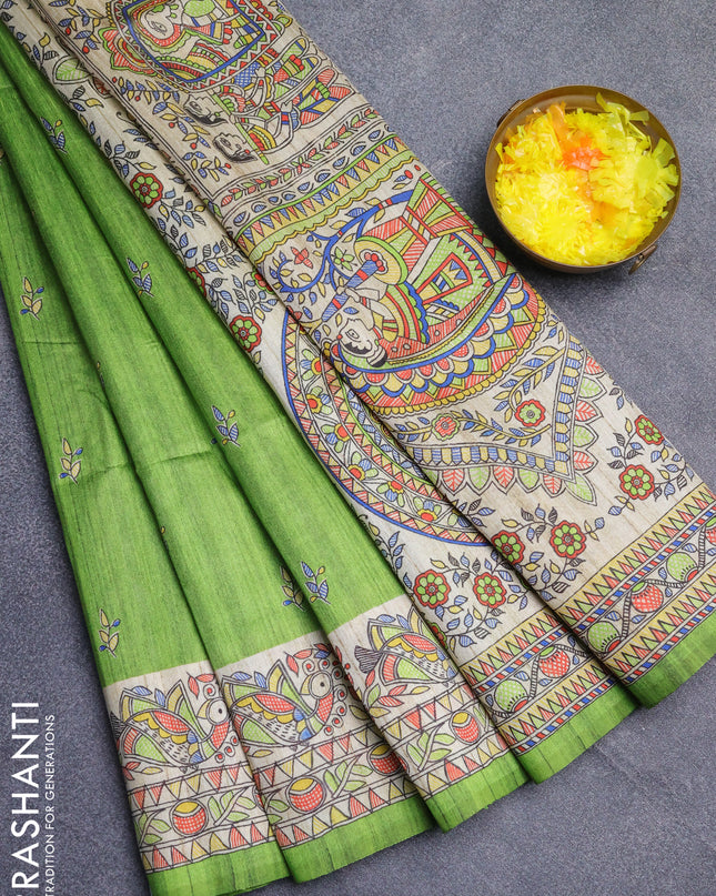 Semi tussar saree light green and beige with butta prints and madhubani printed pallu