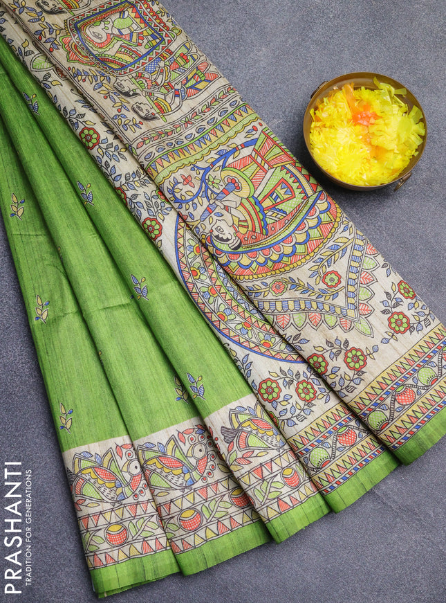 Semi tussar saree light green and beige with butta prints and madhubani printed pallu