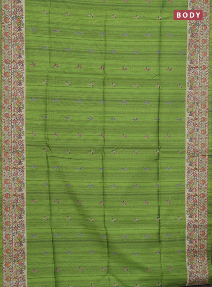 Semi tussar saree light green and beige with butta prints and madhubani printed pallu