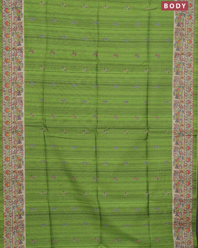 Semi tussar saree light green and beige with butta prints and madhubani printed pallu